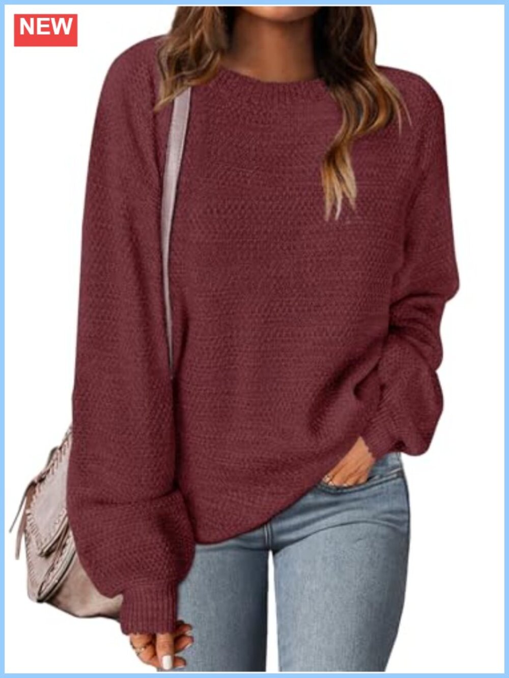Cozy Heathered Knit Loose Pullover Sweater with Lantern Sleeves